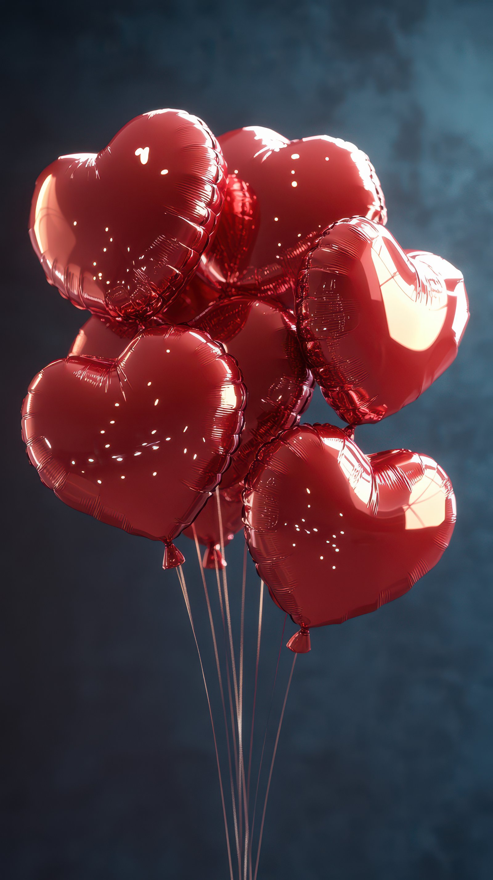 Bright red heart-shaped balloons float gracefully against a dark backdrop for a romantic celebration or special occasion
